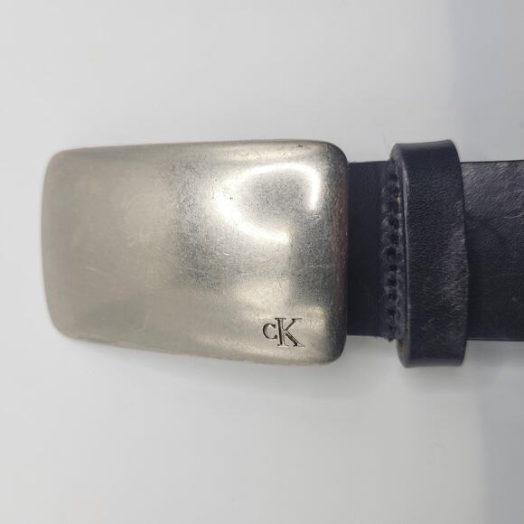 VTG Calvin Klein Jeans Belt Mens Large Black Leather 90s Y2K Chunky Minimalist - Picture 4 of 7
